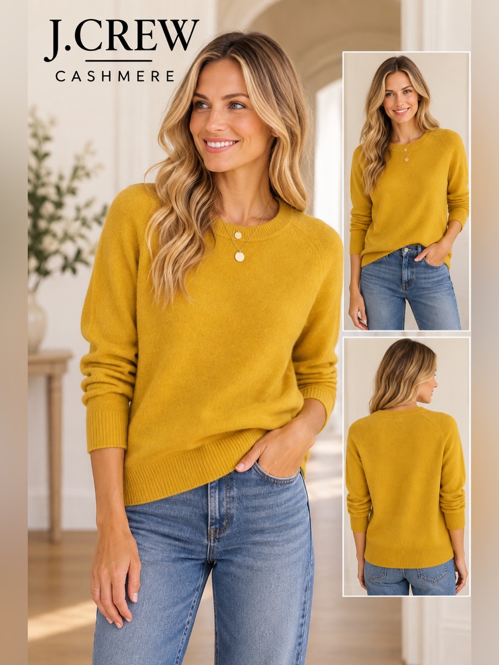 J.Crew 100% Cashmere Mustard Gold Crewneck Sweater – Size Small